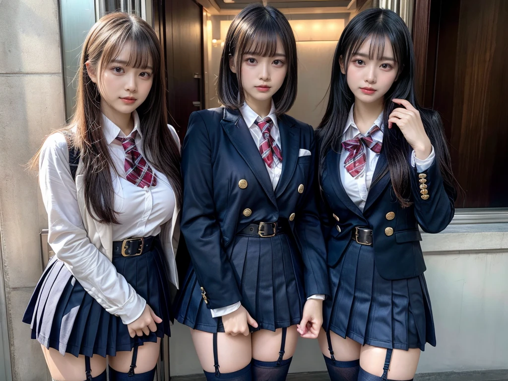 (8K, Raw photography, top-quality, masterpiece:1.2), master piece, best quality, illustration, Super detailed, fine details, High resolution, 8K,wall paper, perfect dynamic composition,(Details High quality, realistic depiction of eyes:1.3), ((2 girls, 2 schoolgirls)), The background is a luxury hotel room、High school girl uniform、blazer 、Super Short Check Uniform Skirt、Navy blue high socks、garterbelts、Colossal tits、Disturbed uniform, Play with each other,Touching each other's bodies,Touching the body of the girl next door, short bob hair, black hair color, huge breasts, Big Natural Color Lip, bold sexy pose, (perfect body shape), crying a little、cold gaze, Beautiful makeup,glitter makeup,Cutest 18 years old, beautiful legs, hposing Gravure Idol, Voluptuous thighs