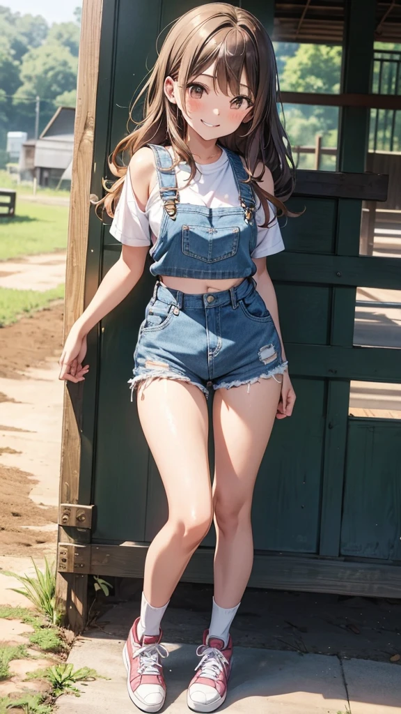 Maki: ore no imouto ga konna ni kawaii wake ga nai, 25-yers-old girl with wavy brown hair wearing sexy denim overalls shorts and sports bra with long socks and blue sneakers. on the farm, smiling 