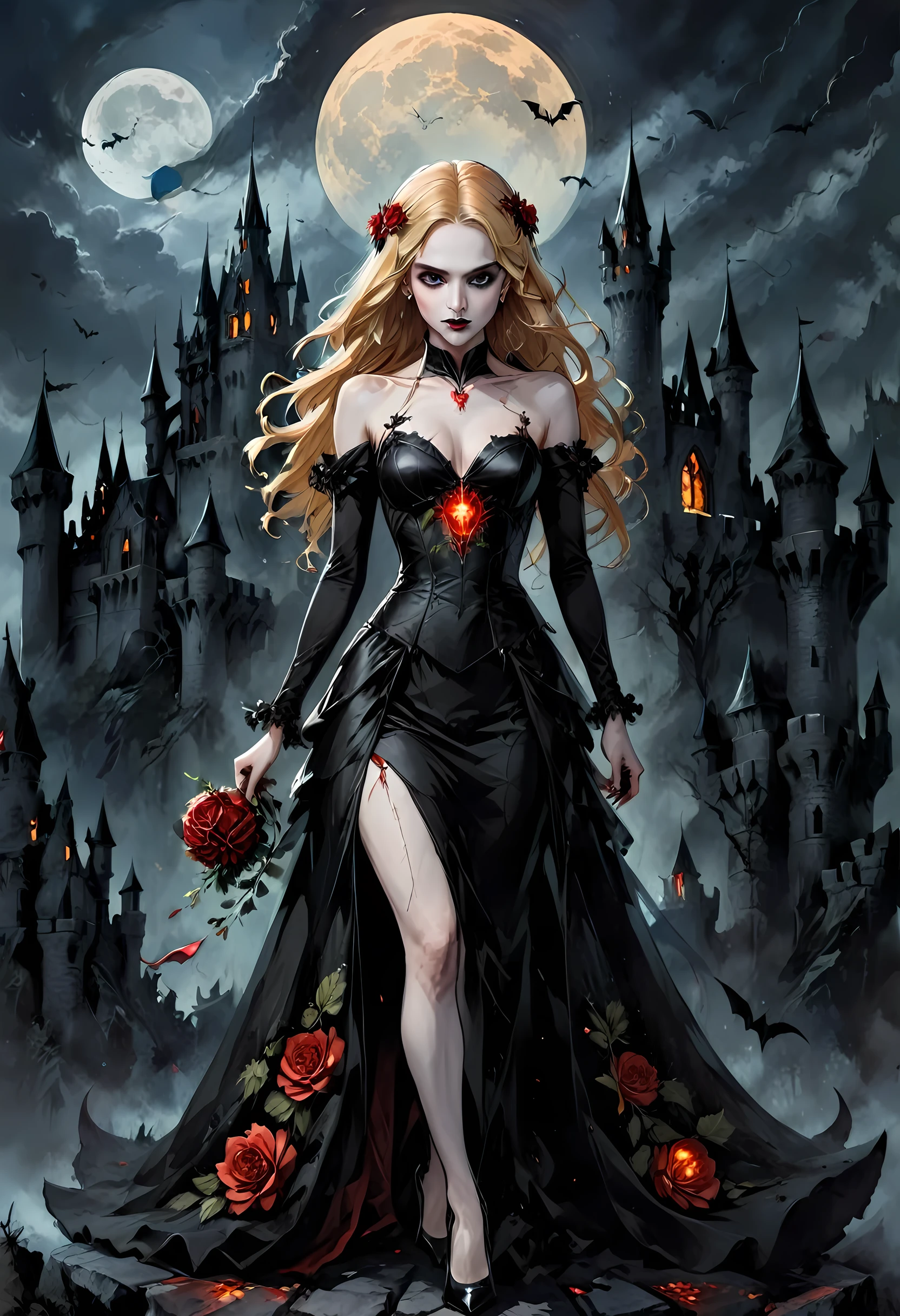 Dark fantasy art, fantasy art, goth art, a picture of a female vampire, exquisite beauty, full body shot, dark glamour shot, pale white skin, blond hair, long hair, wavy hair, (glowing grey: 1.3) eyes, she wears a (red: 1.3) red dress, ArmoredDress, the roses are imprinted on the dress (black: 1.4) black roses, high heels, dark castle, dark, black and color, Dark Art Painting Style, flower dress