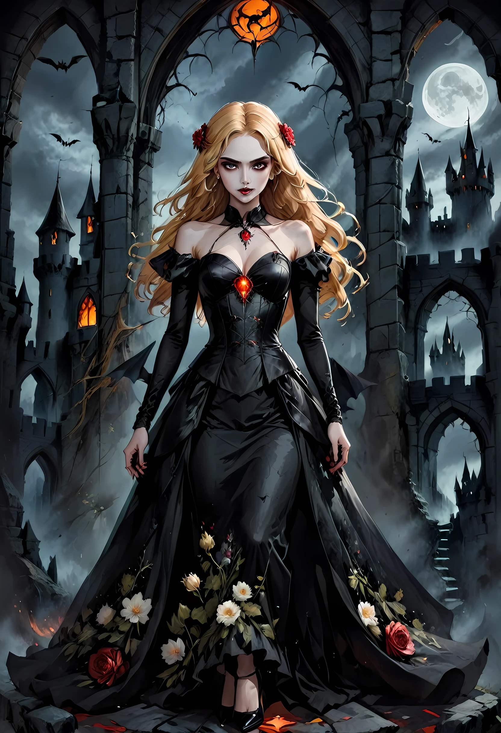 Dark fantasy art, fantasy art, goth art,  a picture of a female vampire, exquisite beauty, full body shot, dark glamour shot,  pale white skin, blond hair, long hair, wavy hair, (glowing grey: 1.3) eyes,  she  wears a (red: 1.3) red dress, ArmoredDress, the roses are imprinted on the dress (black: 1.4)  black roses, high heels, dark castle, dark, black and color, Dark Art Painting Style, flower dress