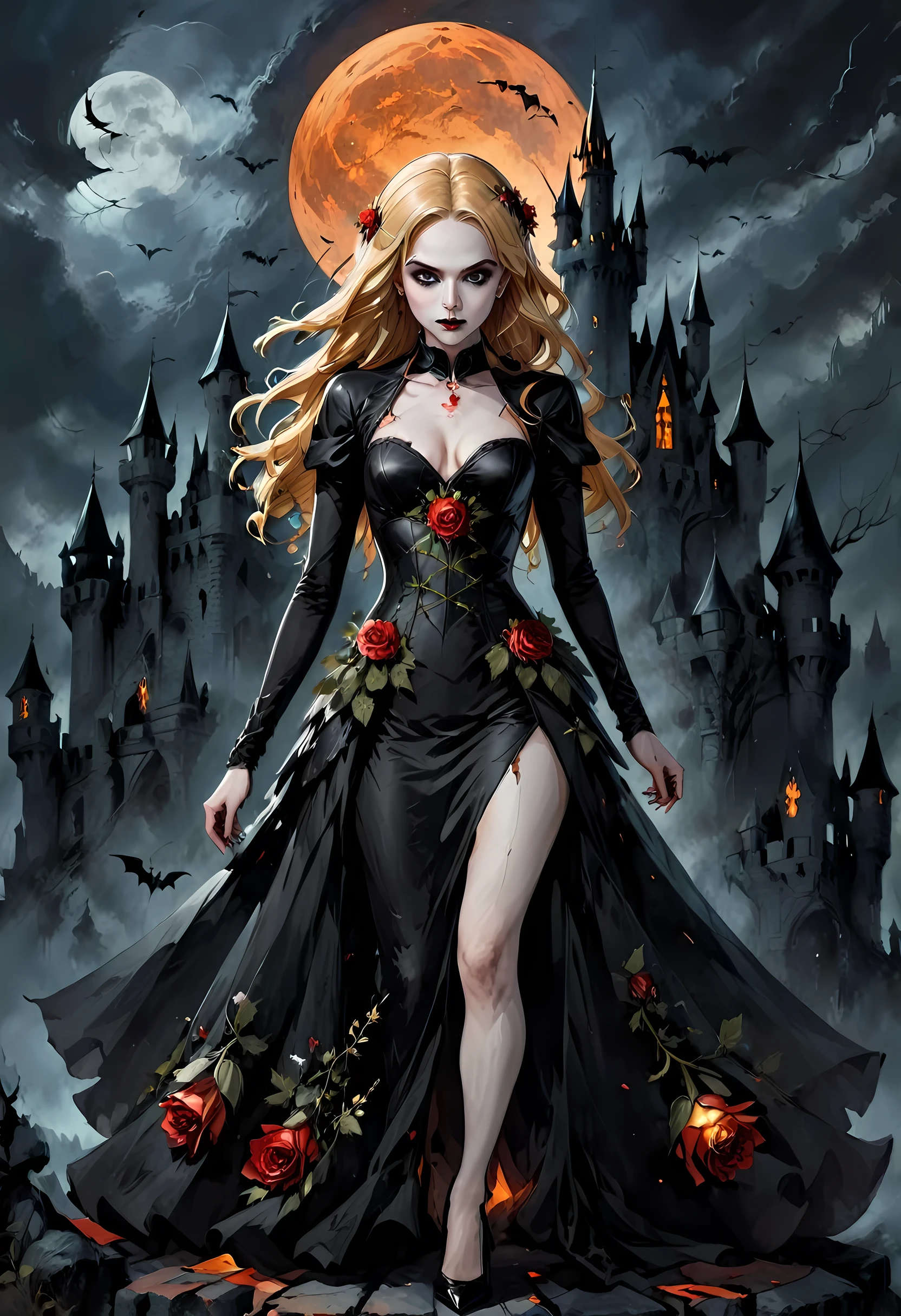 Dark fantasy art, fantasy art, goth art, a picture of a female vampire, exquisite beauty, full body shot, dark glamour shot, pale white skin, blond hair, long hair, wavy hair, (glowing grey: 1.3) eyes, she wears a (red: 1.3) red dress, ArmoredDress, the roses are imprinted on the dress (black: 1.4) black roses, high heels, dark castle, dark, black and color, Dark Art Painting Style, flower dress