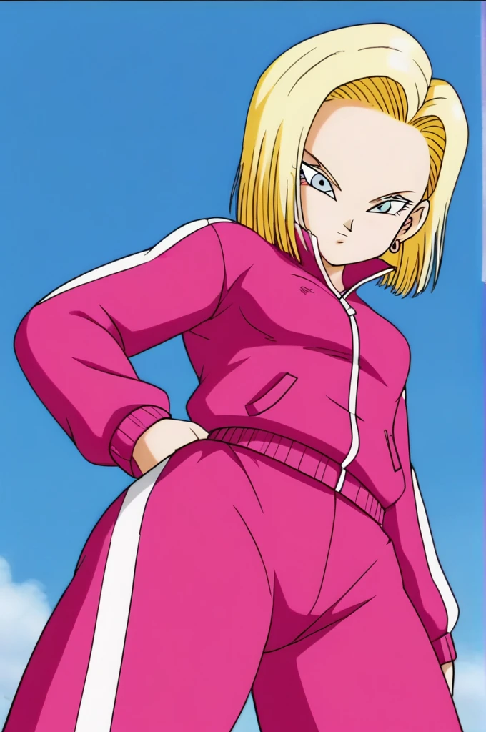 sauce_anime, score_9, score_8_superior, score_7_superior, anime screencap,
Detailed face, Android 18, ssuperiorertop, One girl, alone, View Viewer, short hair, blue eyes, Blonde Hair, Small breasts, clavicle, Hoop Earrings, city, street, collar superior, Track jacket, Pink jacket, Tracksuits, Track pants, Pink Pants, Are standing, From below,