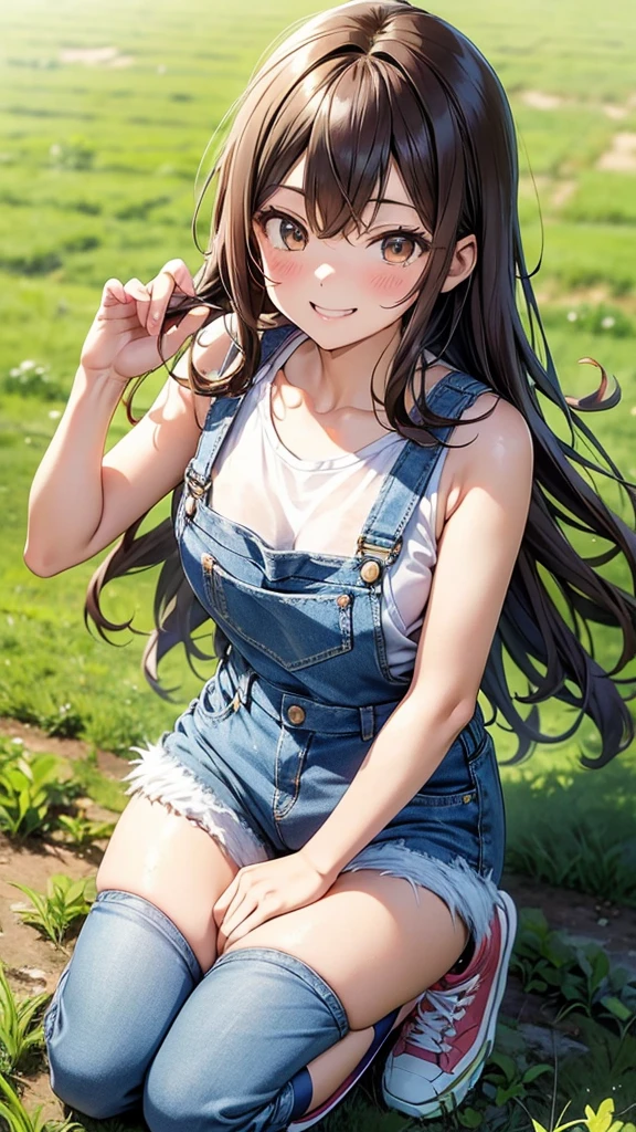 Maki: ore no imouto ga konna ni kawaii wake ga nai, 25-yers-old girl with wavy brown hair wearing sexy denim overalls shorts and sports bra with long socks and blue sneakers. on the farm, smiling, kneeling 