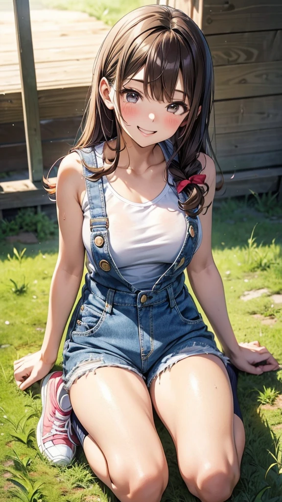 Maki: ore no imouto ga konna ni kawaii wake ga nai, 25-yers-old girl with wavy brown hair wearing sexy denim overalls shorts and sports bra with long socks and blue sneakers. on the farm, smiling, kneeling 