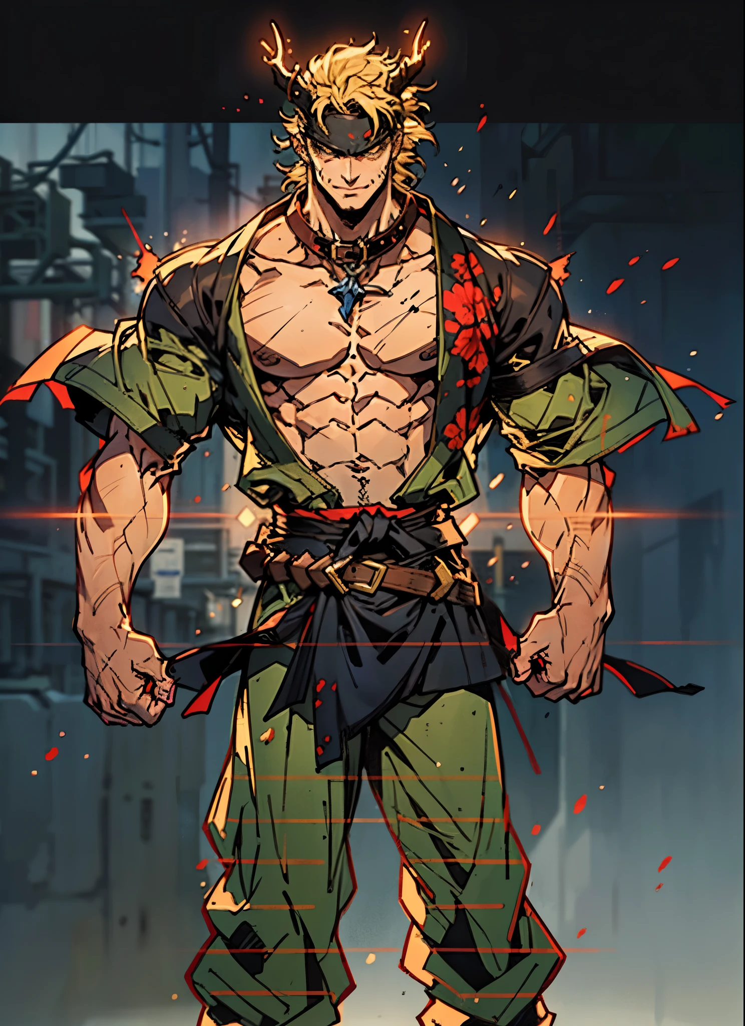 A middle-aged man with medium-length disheveled hair, a thick sideburn beard, wears an obsidian double-horned forehead protector, wild eyes, a confident smile, rugged features, a loose yellow robe in a fantasy martial arts style, an open collar revealing his muscular chest, a black cloth belt around his waist, loose flowing short sleeves, dark blue coarse cloth pants, standing atop a desolate mining hill under the scorching sun, his clothes flutter in the strong wind, this character embodies a finely crafted fantasy martial arts style monk in anime style, exquisite and mature manga art style, dramatic, high definition, best quality, highres, ultra-detailed, ultra-fine painting, extremely delicate, professional, perfect body proportions, golden ratio, anatomically correct, symmetrical face, extremely detailed eyes and face, high quality eyes, creativity, RAW photo, UHD, 32k, Natural light, cinematic lighting, masterpiece-anatomy-perfect, masterpiece:1.5