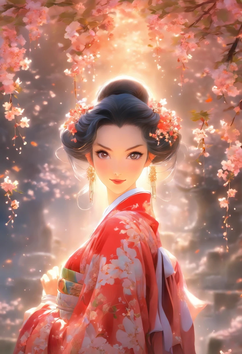 Woman, Asian appearance, black straight hair, kimono, in the garden, with beautiful cherry trees around her, unearthly beauty, Galadriel, beautiful painting in fantasy style., inspired by Nene Thomas, unearthly fairytale, inspired by Edward Robert Hughes, Oil painting in fantasy style., unearthly!!!!!!!, unearthly!!!, Fascinated by the spirit of nature, unearthly fantasy