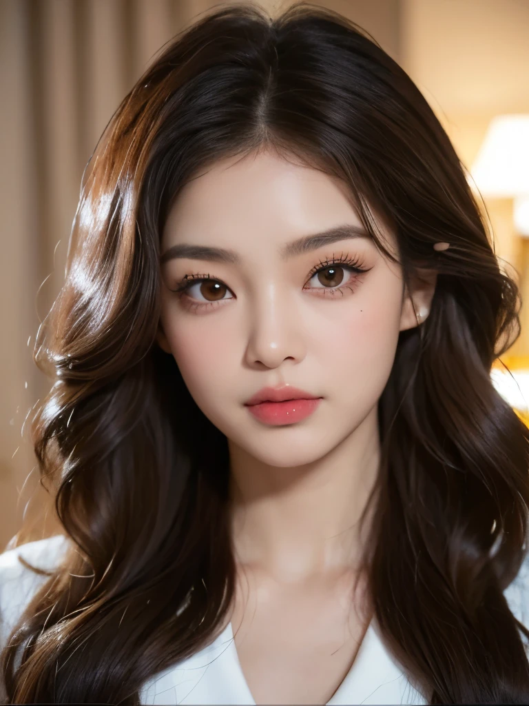 Kim Jennie with dark brown hair, con el cabello trenzado, with little curlers in her hair, with light brown eyes, ojos bonitos, with long and beautiful eyelashes, cejas perfectas, thick heart shaped lips with cupid's bow, crimson lips, piel bonita, piel blanca y palida,con tonos rosas, with a natural blush and soft crimson color, con un maquillaje ligero, con pecas y lunares en sus mejillas, nariz respingada y bonita, button nose, nariz bonita, mientras esta tomando una coca-cola, (pechos grandes, pechos bonitos, pechos suaves, escode desnudo), while sitting in an armchair, mirando a la camara, foto bonita, selfie
