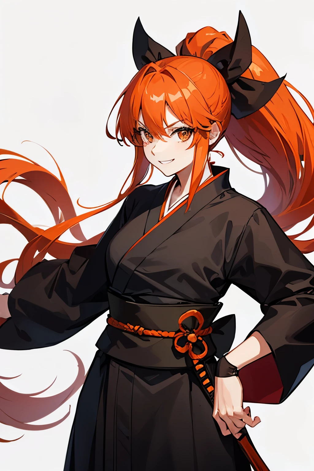girl, orange hair, long hair, ponytail, black shihakusho, black kimono, black hakama, smile