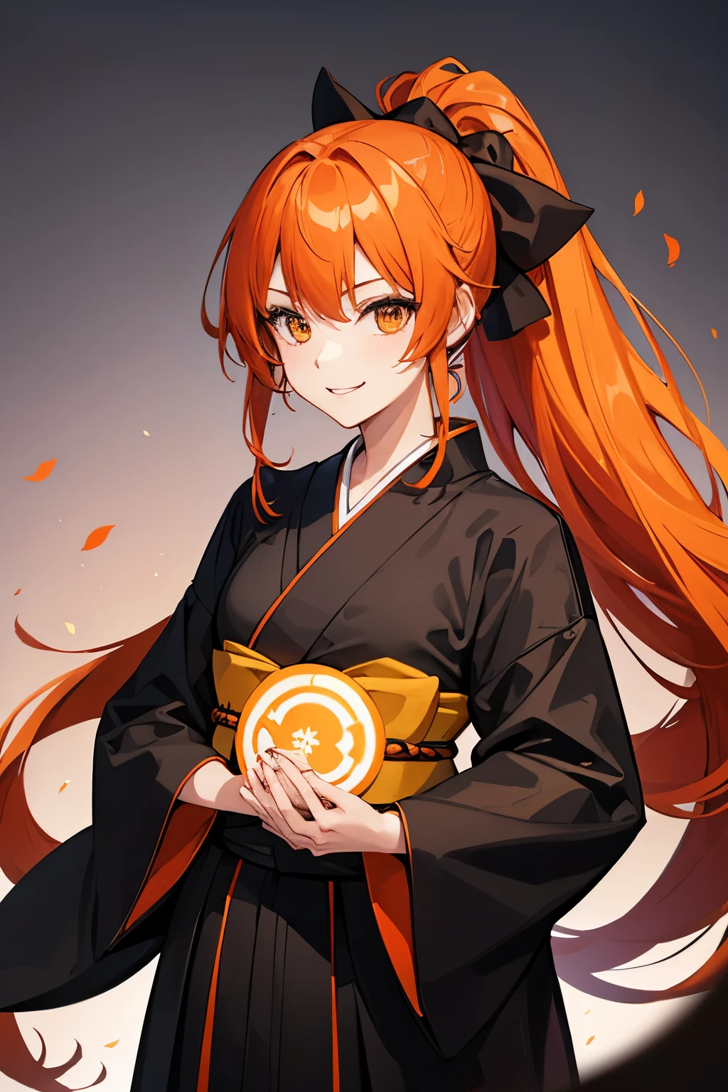 girl, orange hair, long hair, ponytail, black shihakusho, black kimono, black hakama, smile