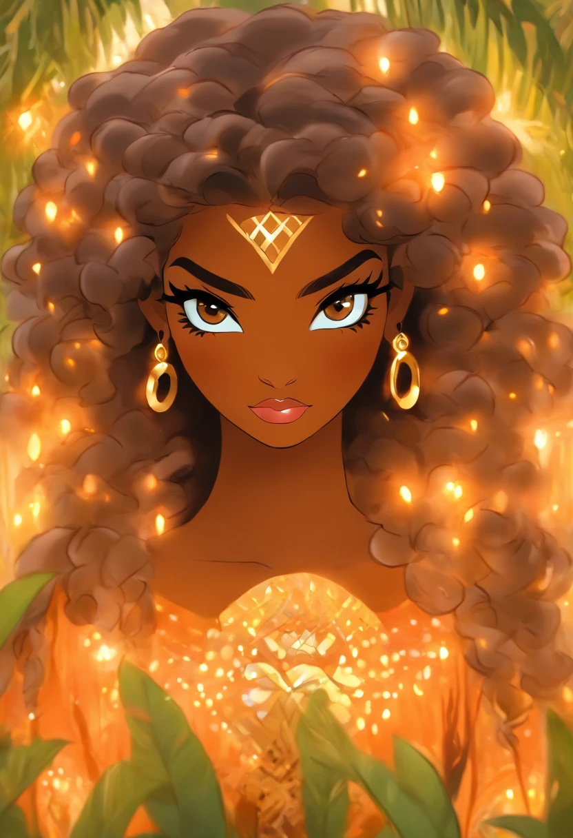 Woman, African appearance, dark skin, curly hair, wide flat nose, thick lips, big brown eyes, dressed in African clothes, Decorations, in the Avrikan savannah, with beautiful views of Africa around her, unearthly beauty, Galadriel, beautiful painting in fantasy style., inspired by Nene Thomas, unearthly fairytale, inspired by Edward Robert Hughes, Oil painting in fantasy style., unearthly!!!!!!!, unearthly!!!, Fascinated by the spirit of nature, unearthly fantasy