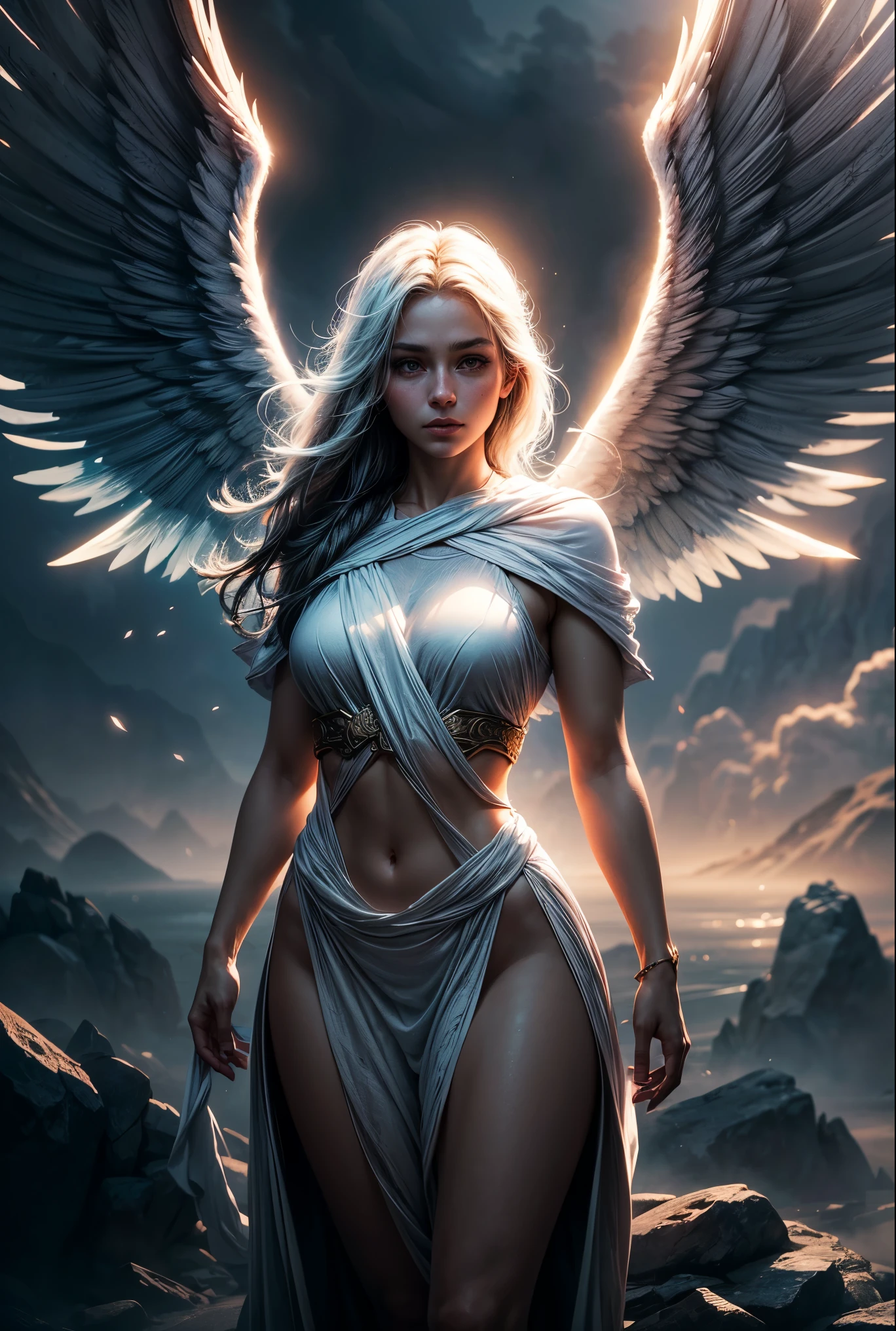 ethereal angel, angel bow, enfrentados en la batalla, intense lighting, elementos ardientes, viento feroz, resplandor celestial, alas intrincadas, armadura detallada, Divine Energy, heavenly backdrop, colores vibrantes, dramatic composition, alto contraste, dynamic poses, epic confrontation, magia poderosa, mystical atmosphere, Belleza de otro mundo, ethereal essence, grand scale, expresiones angelicales, seres celestiales, epic clash, Divine Intervention, detalles intrincados, Escenografia impresionable, emociones intensas, celestial realm, poderes sobrenaturales, fuerzas de batalla, mythological creatures.desnuda, sexy