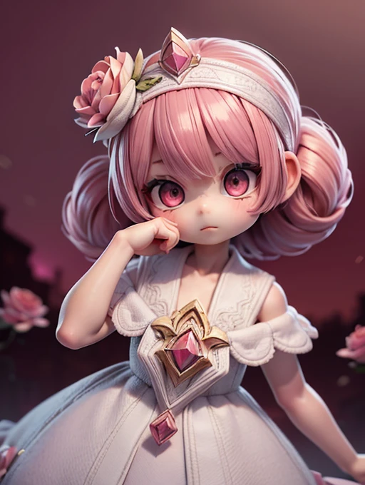 (limited palette), Best quality, (((Masterpiece))), (((Beautiful detailed hair))), (((beautiful detailed skin))), Solo, , Younger, , (((pink hair))), pink eyes, (mascara), Blunt bangs, ((Hair over eyes)), short hair, Medium breasts, Frilled white dress, White frills, Too much decoration, Rose, Noble, setia, The bride hair, (((Eye focus))), (((Expressionless))), The background is blurred out, Empty eyes, Blank eyes, (Red theme), bedroom background, view the viewer, (((hair tucking))), (((Night))), Semi-closed Eyes, Close-up, (((hair adornments))), Upright body, Neatly cut bangs, Braided hair at the back of your head, Sleeveless dress,