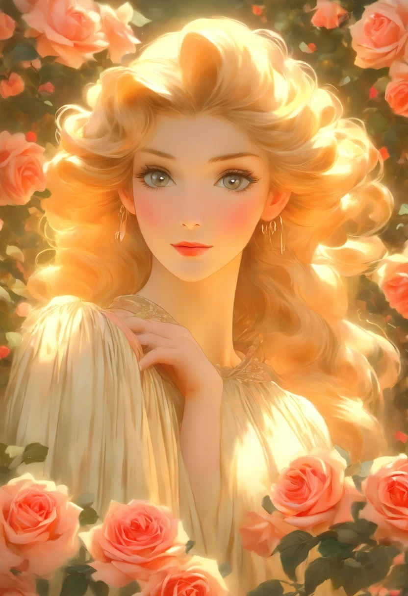 Woman, Victorian hairstyle, victorian dress, In the Rose Garden, with beautiful roses around her,  unearthly beauty, Galadriel, beautiful painting in fantasy style., inspired by Nene Thomas, unearthly fairytale, inspired by Edward Robert Hughes, Oil painting in fantasy style., unearthly!!!!!!!, unearthly!!!, Fascinated by the spirit of nature, unearthly fantasy