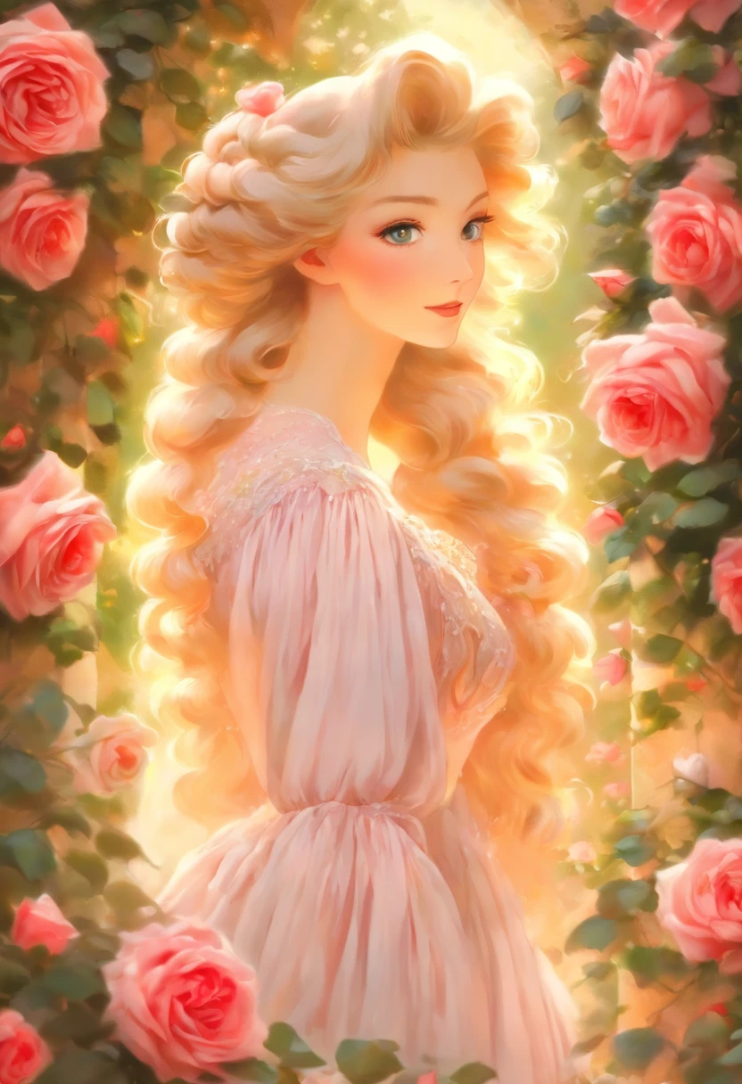 Woman, Victorian hairstyle, victorian dress, In the Rose Garden, with beautiful roses around her, unearthly beauty, Galadriel, beautiful painting in fantasy style., inspired by Nene Thomas, unearthly fairytale, inspired by Edward Robert Hughes, Oil painting in fantasy style., unearthly!!!!!!!, unearthly!!!, Fascinated by the spirit of nature, unearthly fantasy
