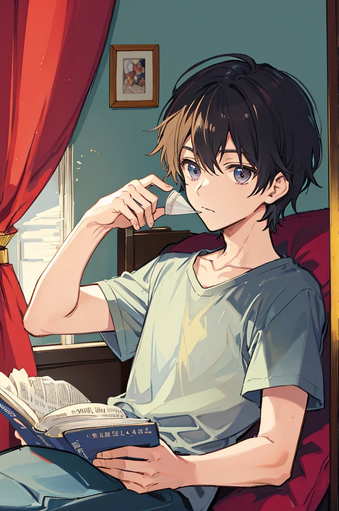 A man,prince,adult,Adults,(Ultra-short hair),short layered cut,bedroom,Sitting and reading,