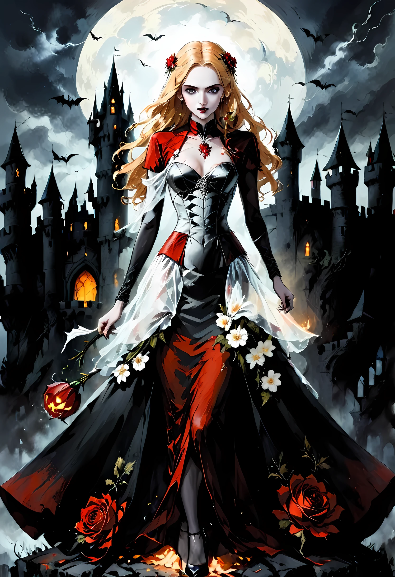 Dark fantasy art, fantasy art, goth art,  a picture of a female vampire, exquisite beauty, full body shot, dark glamour shot,  pale white skin, blond hair, long hair, wavy hair, (glowing grey: 1.3) eyes,  she  wears a (red: 1.3) red dress, ArmoredDress, the roses are imprinted on the dress (black: 1.4)  black roses, high heels, dark castle, dark, black and color, Dark Art Painting Style, flower dress