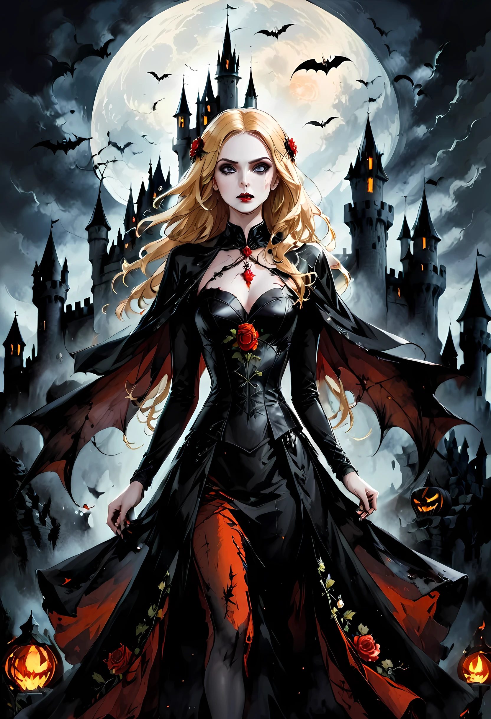 Dark fantasy art, fantasy art, goth art,  a picture of a female vampire, exquisite beauty, full body shot, dark glamour shot,  pale white skin, blond hair, long hair, wavy hair, (glowing grey: 1.3) eyes,  she  wears a (red: 1.3) red dress, ArmoredDress, the roses are imprinted on the dress (black: 1.4)  black roses, high heels, dark castle, dark, black and color, Dark Art Painting Style, flower dress