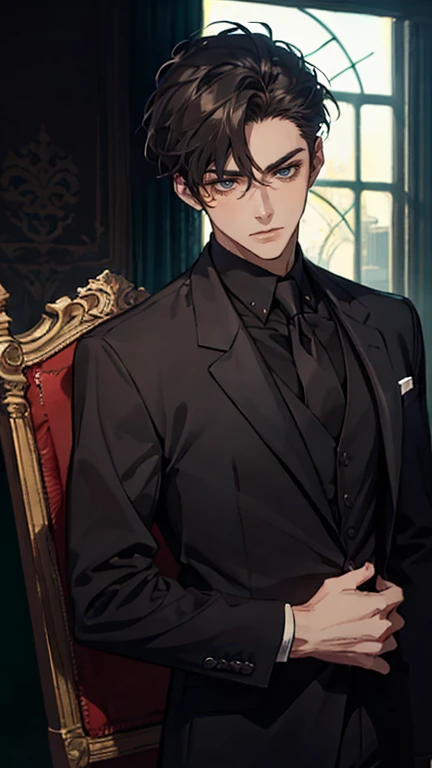 ((One young man with a black suit and tie)), alejandro, (((one side swept dark short neat hair))), ( green eyes and thick eyebrows), ((20 years old)), ((masterpiece)), ((cinematic lighting)), relax look and smirk, waiting for someone