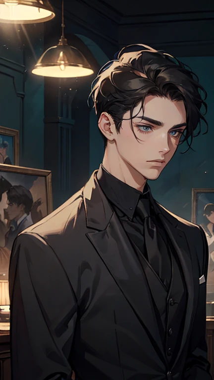 ((One young man with a black suit and tie)), alejandro, (((one side swept dark short neat hair))), ( green eyes and thick eyebrows), ((20 years old)), ((masterpiece)), ((cinematic lighting)), relax look and smirk, waiting for someone