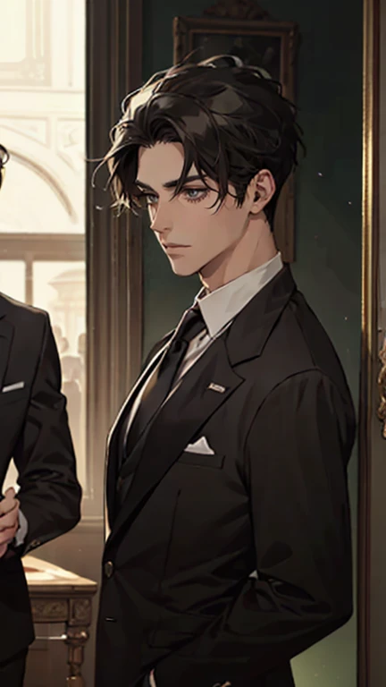 ((One young man with a black suit and tie)), alejandro, (((one side swept dark short neat hair))), ( green eyes and thick eyebrows), ((20 years old)), ((masterpiece)), ((cinematic lighting)), relax look and smirk, waiting for someone