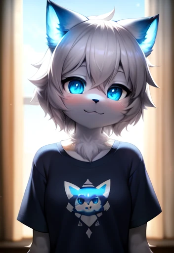 hairy, White fur, Super cute face, Blue elements on fur, Glow T-shirt, beautiful light and shadow, Ambient Light, Super fine fur, Volumetric Light