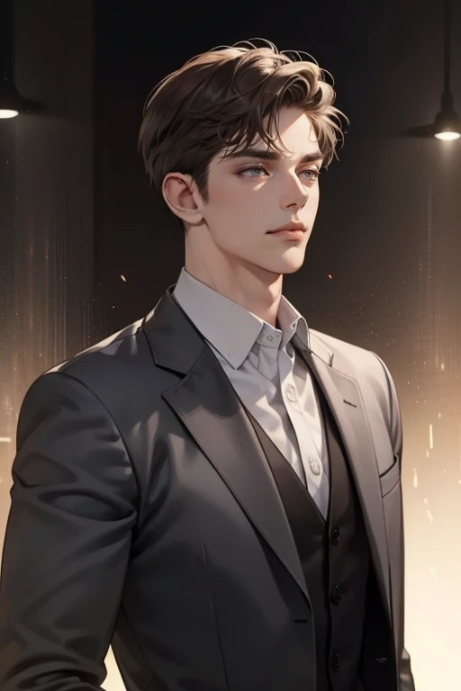 masterpiece, best quality, realistic, 1man, mature male, quiet and charming young man, 25 years old, close his eyes, serious look, extremely detailed face, ((dark grey eyes)), ((short-right-swept dark brown hair)), [thick eyebrows], detective, plain background, ((suit)), cinematic lighting, looking at the audience, posture dynamics, smirk, with a gun