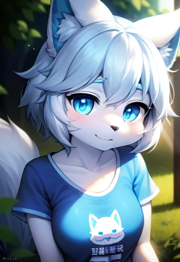 (furry:1.2), foco no corpo, belas luzes e sombras, cabelo branco, olhos azuis, pelo branco fofo, ajoelhado no chao, lingerie rendada, envergonhada, fundo floresta