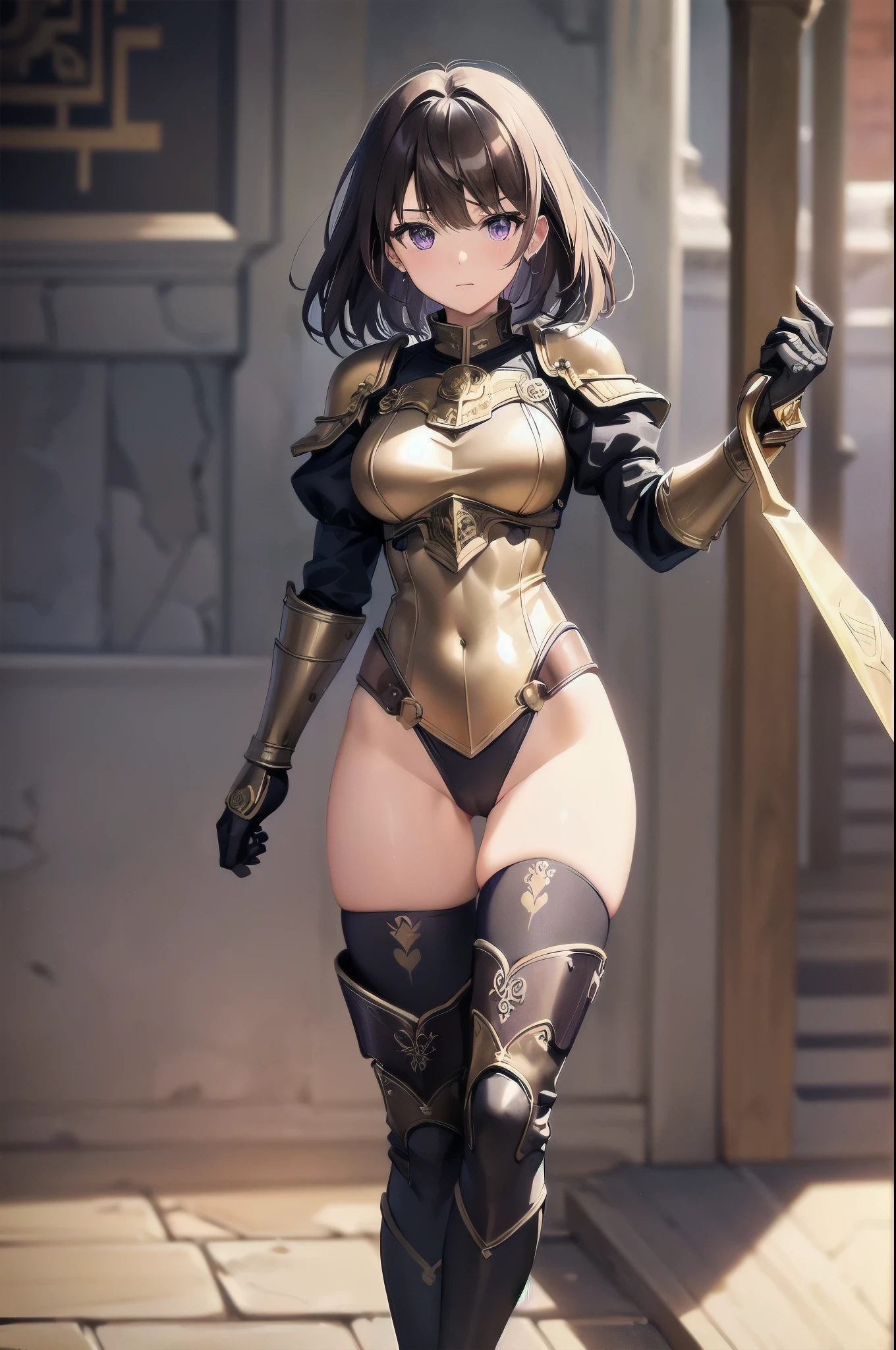 masterpiece, best quality, 1girl, 22 years old, brown hair, wavy hair, short hair, purple eyes, (gold medieval armor), (eagle (symbol) on chest), gauntlets, (leotard, matching leotard, bare legs), (thighhigh leggings, boots, matching boots), standing, (holding broad sword), mountain base backdrop, (ruined castle, ruins), solo, solo focus, (perfect anatomy), (full body shot), cowboy shot, beautiful detailed eyes