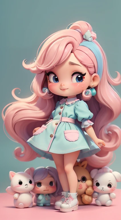Create a series of cute baby chibi style dolls with a cute candyland chef theme, each with lots of detail and in an 8K resolution. All dolls should follow the same candyland candy background pattern and be complete in the image, mostrando o (corpo inteiro, incluindo as pernas: 1.5) Boneca candyland f: Chame-a de Marina. Ela deve ter cabelo pequeno em tom colorido pastel. Seus olhos devem ser grandes e expressivos, with long eyelashes and rosy cheeks. Sorriso delicado e branco. Sophie deve estar vestida com uma roupa colorida, pastel tones and sweet details. She should hold a candy in her hands. Certifique-se de adicionar detalhes nas roupas, such as buttons and pockets, sapato bonito Certifique-se de adicionar sombras, texturas e detalhes nos cabelos, roupas, doces e chocolate em barra, to make them even more adorable and charming. Glossy highlighted face