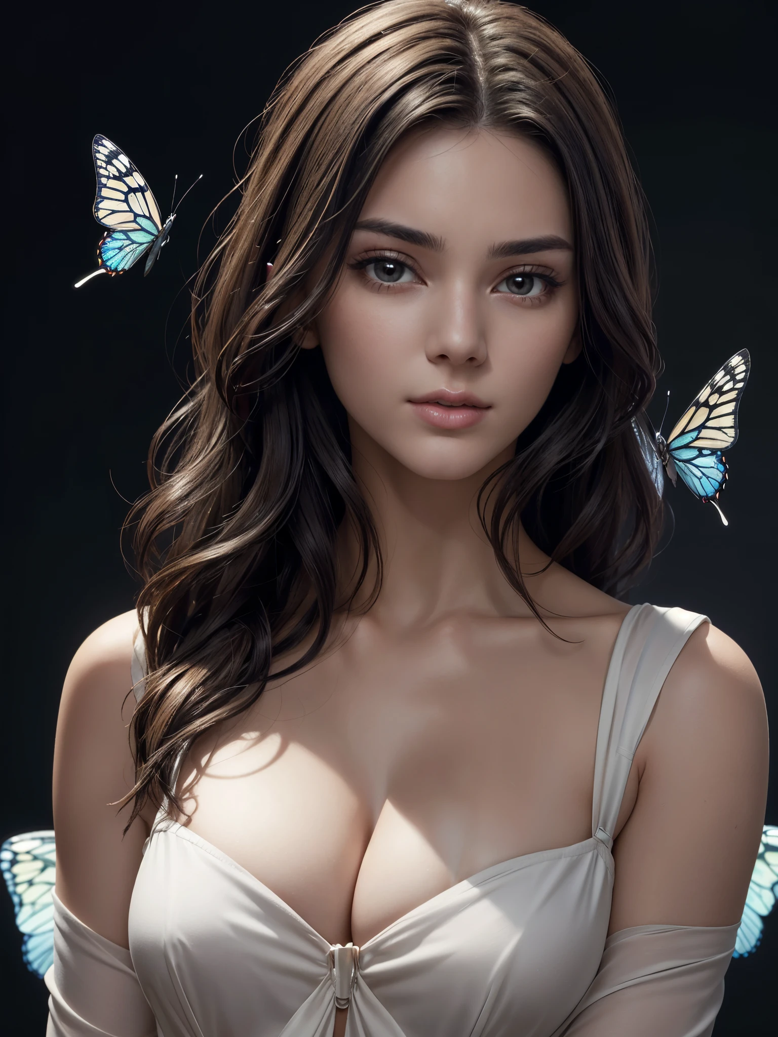 1girl, cross-arms chest self-assured pose, one hand on neck, detailed face, looking at viewer, watch, bolero, cleavage, tied hair, long side bangs, detailed hair, dry hair, surreal background, butterfly, white butterfly, realistic, (masterpiece:1.3), best quality, highres, original, (extremely detailed:1.2), perfect lighting, 