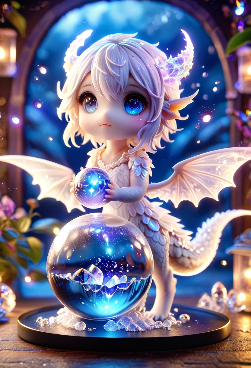 absurdres, highres, ultra detailed, HDR, master piece, best quality, ( trapped inside a crystal ball) small pastel white dragon, expressive blue eyes, white eyelashes, blue horns, wings, fantasy magical background, sparkling, shining, purple lightning, floating round lights, starry, void