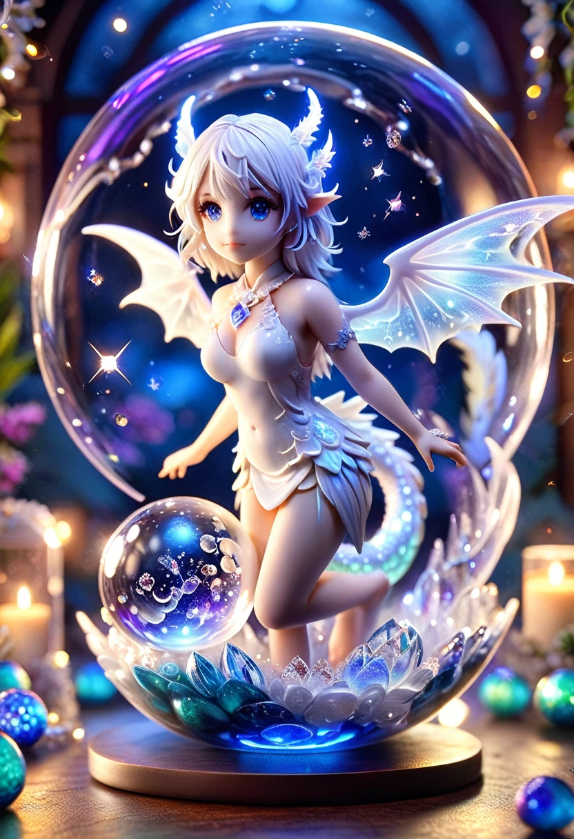 absurdres, highres, ultra detailed, HDR, master piece, best quality, ( trapped inside a crystal ball) small pastel white dragon, expressive blue eyes, white eyelashes, blue horns, wings, fantasy magical background, sparkling, shining, purple lightning, floating round lights, starry, void