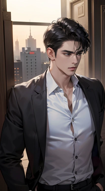 (best quality, masterpiece, 8K, photorealistic, cinematic lighting, hdr image, ultra detailed, beautiful image), a mature man, very handsome, serious, short black hair, black eyes, perfect face without errors, ((buttoning the jacket, CEO))
