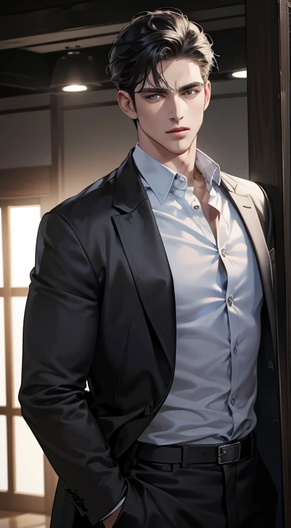 (best quality, masterpiece, 8K, photorealistic, cinematic lighting, hdr image, ultra detailed, beautiful image), a mature man, very handsome, serious, short black hair, black eyes, perfect face without errors, ((buttoning the jacket, CEO))