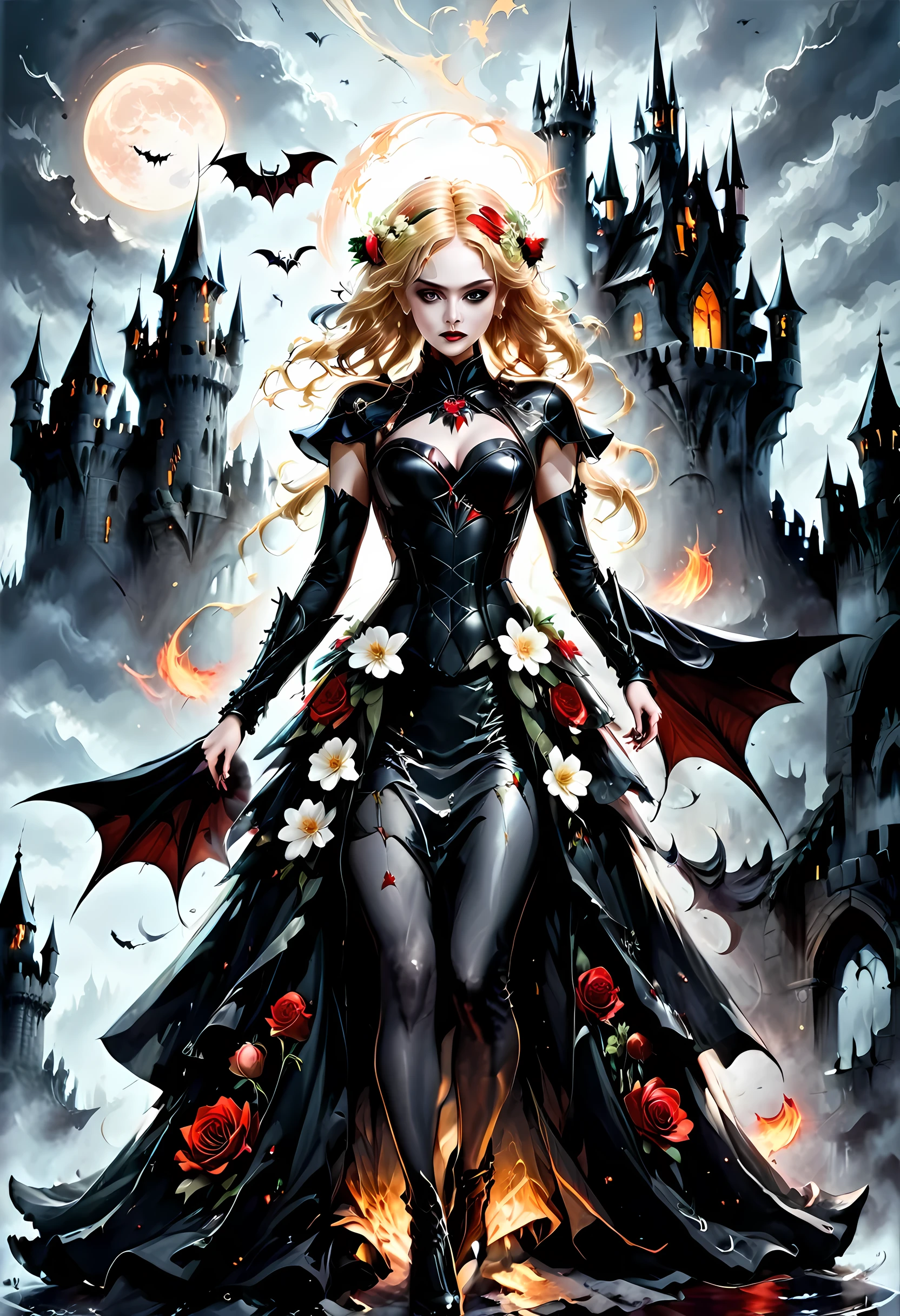 Dark fantasy art, fantasy art, goth art,  a picture of a female vampire, exquisite beauty, full body shot, dark glamour shot,  pale white skin, blond hair, long hair, wavy hair, (glowing grey: 1.3) eyes,  she  wears a (red: 1.3) red dress, ArmoredDress, the roses are imprinted on the dress (black: 1.4)  black roses, high heels, dark castle, dark, black and color, Dark Art Painting Style, flower dress, betmd
