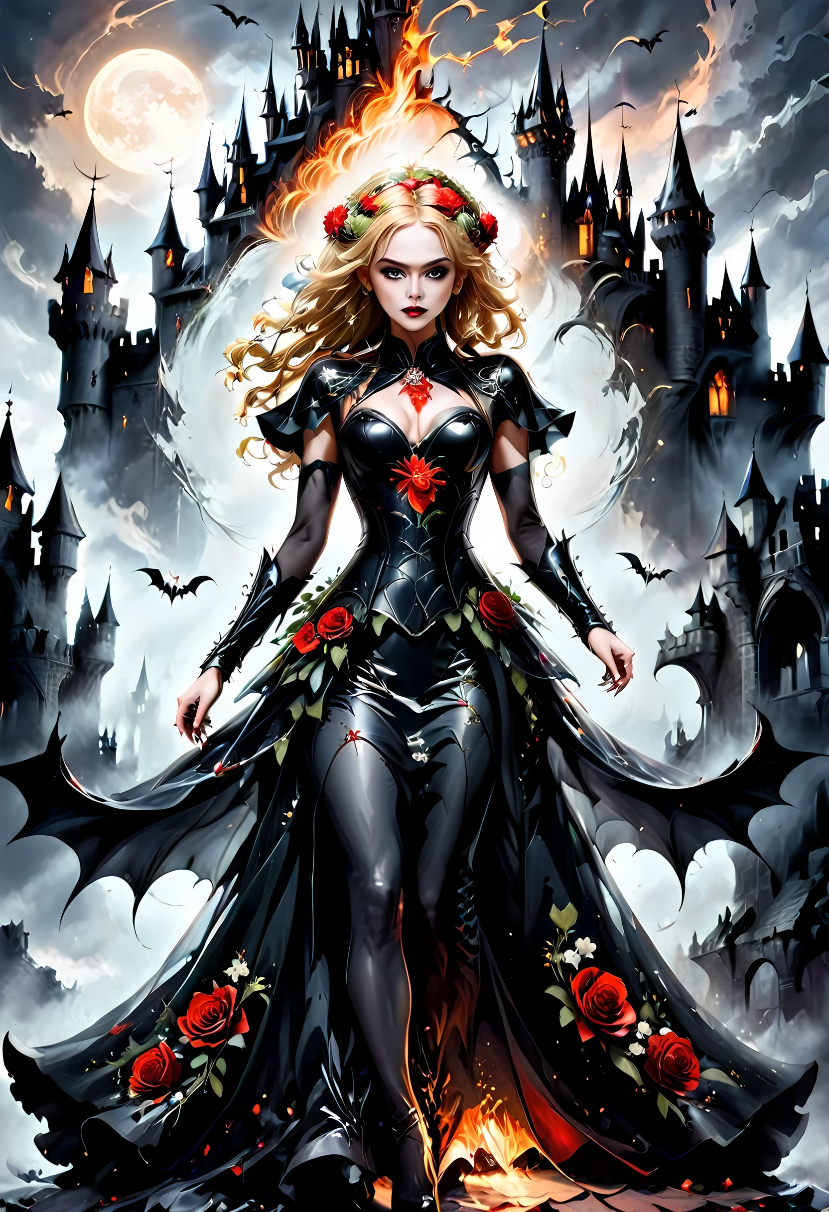 Dark fantasy art, fantasy art, goth art,  a picture of a female vampire, exquisite beauty, full body shot, dark glamour shot,  pale white skin, blond hair, long hair, wavy hair, (glowing grey: 1.3) eyes,  she  wears a (red: 1.3) red dress, ArmoredDress, the roses are imprinted on the dress (black: 1.4)  black roses, high heels, dark castle, dark, black and color, Dark Art Painting Style, flower dress, betmd
