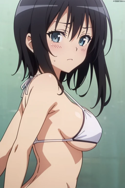 (masutepiece, Best Quality, High resolution, anime colours, megami magazine:1.2, anime poster style, anime keyvisual, sharp, 8k, photorealistic), from side, (beautiful eyes:1.5, beautiful face), Kotegawa Yui, 1girl, solo, Cute, blush, (Long Black Hair), (sagging huge breasts, sideboob, underboob), (white bikini), cleavage, (arm behind back, upper body), (Perfect detailed Anatomy, beautiful detailed hair, perfect detailed body:1.2, shiny skin), (thick outline, Beautiful outlines, black outlines), simple background,