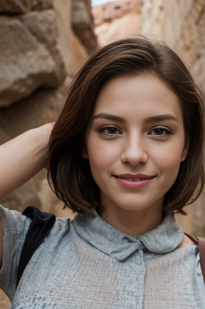 25 ans, brune, yeux marrons, delicate, professional light, flash lit, cheveux de longueur moyenne, grains de beauté, sourire romantique, Seductive look, bonne couverture, éclairée par les flashs des photographes, skin details, pores de la peau, visage fin, cheveux long, yeux marrons, HD, 8K, masterpiece, sourire romantique, dans le grand canyon américain, tenue de cowboy, animal skin skirt