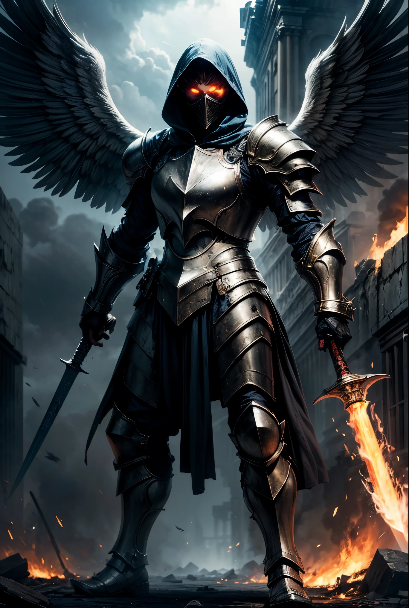 angel with wings, full battle armor, fire sword, apocalypse, armageddon, hood black face, mysterious, ethereal