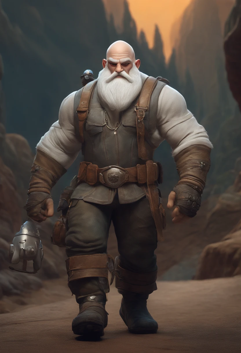 Cartoon character of a bald, bearded man resembling a white-skinned ogre in a biker outfit and with a helmet in his left hand, fundo imagem na entrada de uma caverna.