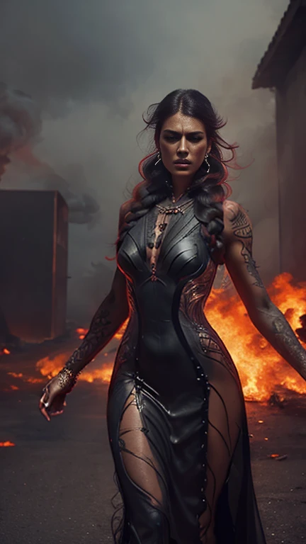 4k realistic ultra detailed photography of an athletic demonic woman, demonic woman wearing a maxi leather dress, hairstyle is a crazy braided hairstyle, demonic woman in a menacing moving standing model pose, photo background is a wall of smoke with black roses coming out of it, mood of the photography is gloomy, big lots of fiery tattoos