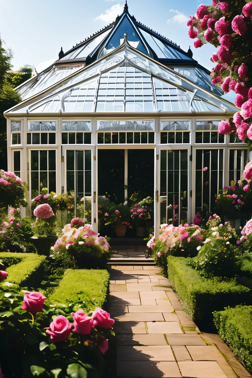rose garden punch victorian conservatory, classic, beautiful drinking wine in the sunshine. roses everywhere
