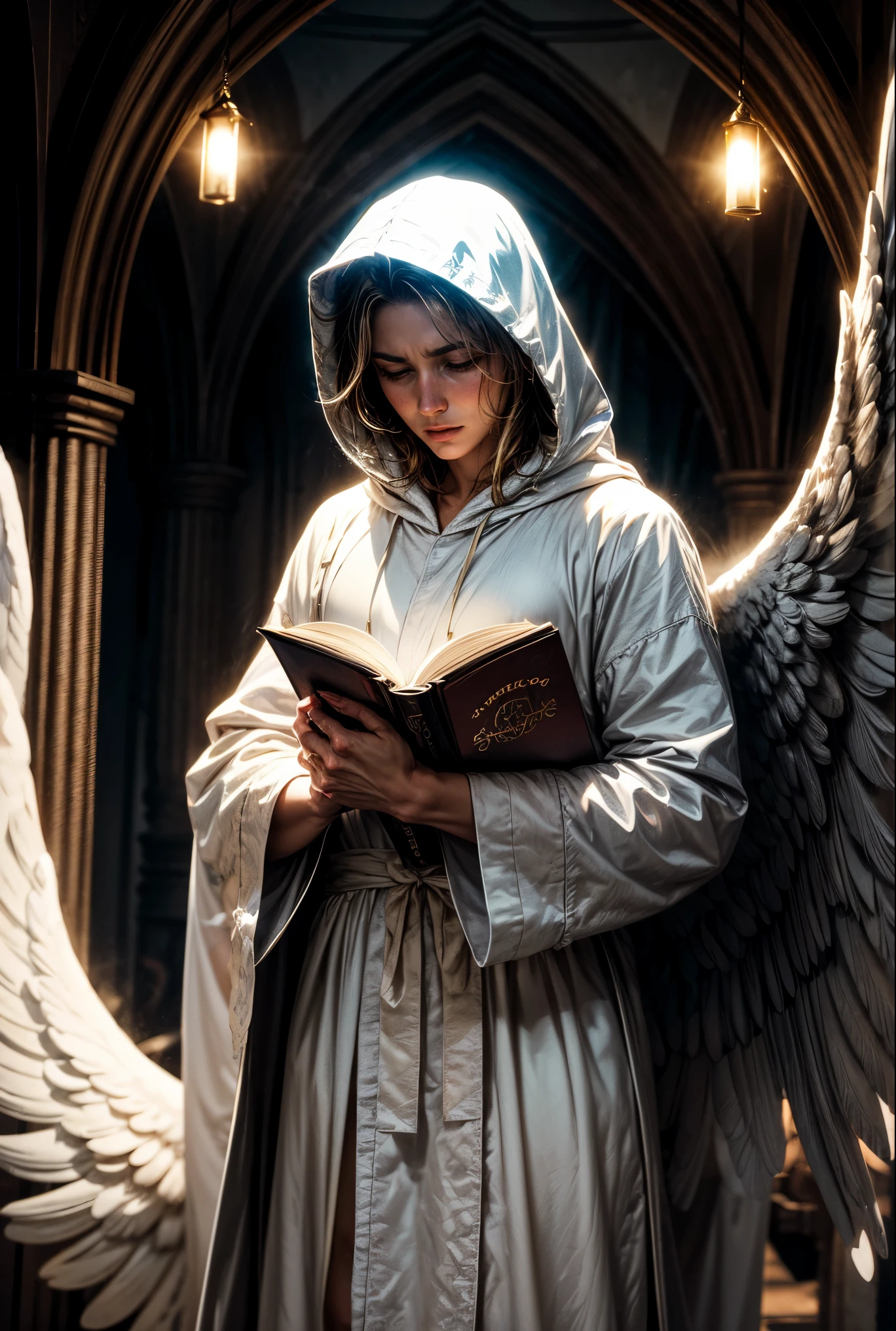 mysterious, hooded angel, battle archangel, angel white robes, holly light, holding a book, energy