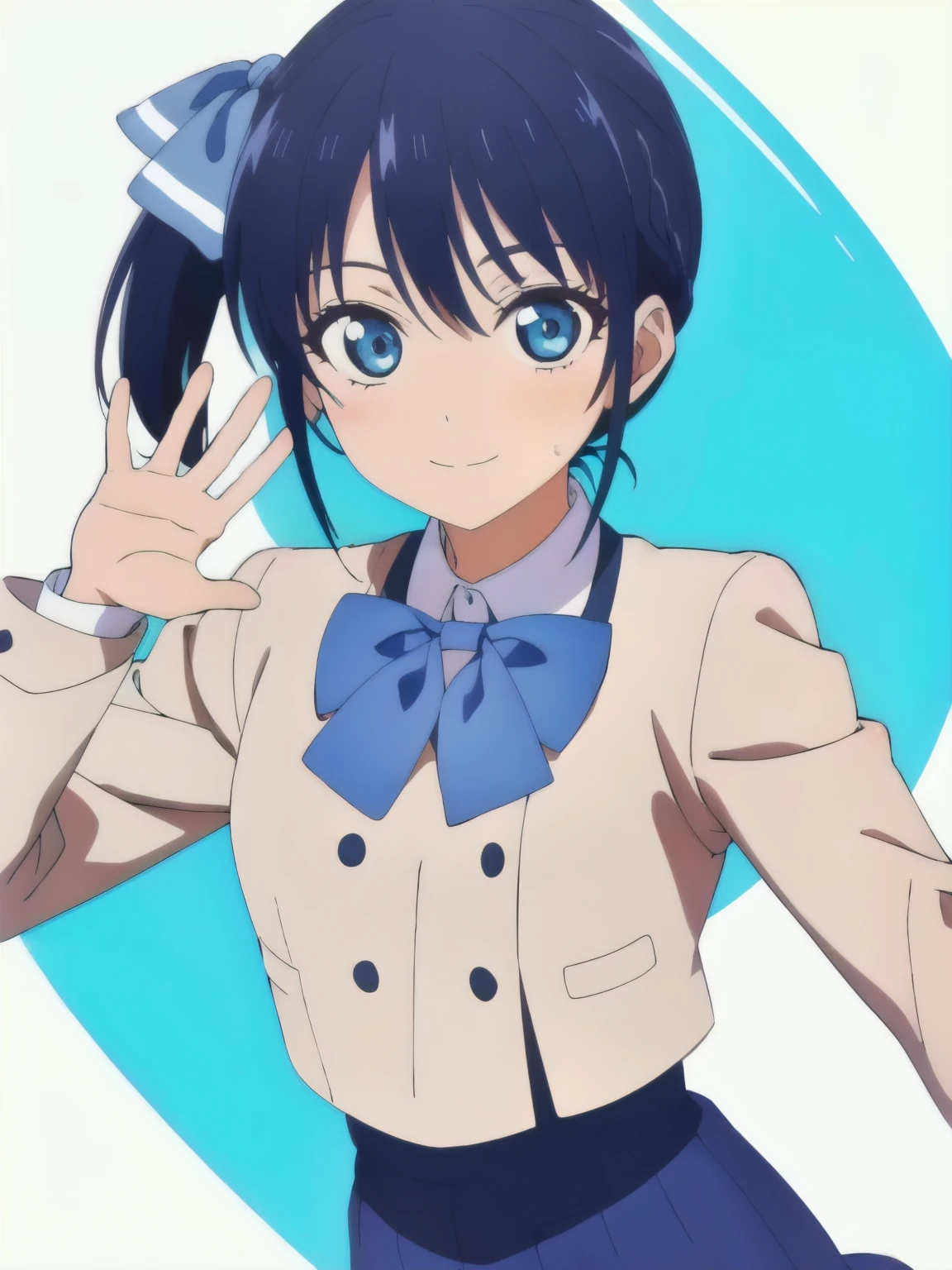 ((best quality)),((highly detailed)),masterpiece,absurdres,detailed face,beautiful face,(detailed eyes, deep eyes),(1girl),((dynamic pose)), minase, solo, 1girl, smile, looking at viewer, blue bow, blue eyes, bow, side ponytail, , blue hair, upper body, bowtie, anime background, shirt, skirt, bangs, closed mouth, waving,