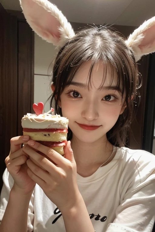 Birthday cake, Birthday girl, 
Rabbit-eared girl, smile, 
