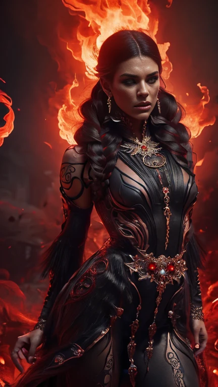 4k realistic ultra detailed photography of an athletic demonic woman, demonic woman wearing a maxi leather dress, hairstyle is a crazy braided hairstyle, demonic woman in a menacing moving standing model pose, photo background is a wall of smoke with black roses coming out of it, mood of the photography is gloomy, big lots of fiery tattoos