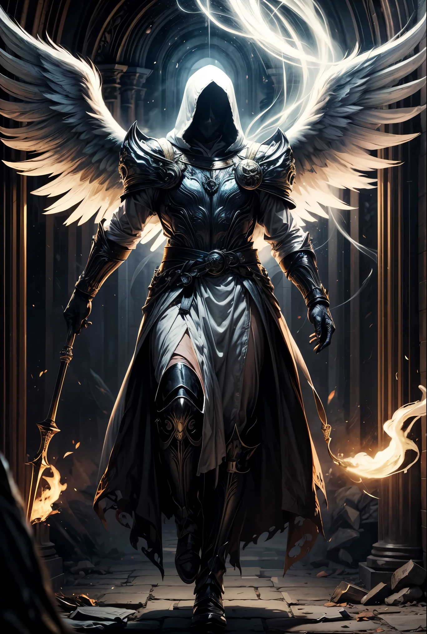 male, mysterious, hooded angel, battle archangel, angel white robes, holly light, holding a book, energy, fire sword, 