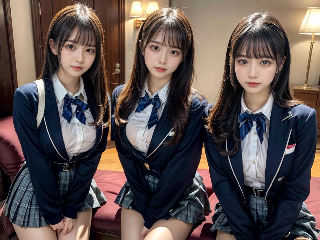 (8K, Raw photography, top-quality, masterpiece:1.2), master piece, best quality, illustration, Super detailed, fine details, High resolution, 8K,wall paper, perfect dynamic composition,(Details High quality, realistic depiction of eyes:1.3), ((2 girls, 2 schoolgirls)), The background is a luxury hotel room、High school girl uniform、blazer 、Super Short Check Uniform Skirt、Navy blue high socks、garterbelts、Colossal tits、Disturbed uniform, Play with each other,Touching each other's bodies,Touching the body of the girl next door, short bob hair, black hair color, huge breasts, Big Natural Color Lip, bold sexy pose, (perfect body shape), crying a little、cold gaze, Beautiful makeup,glitter makeup,Cutest 18 years old, beautiful legs, hposing Gravure Idol, Voluptuous thighs