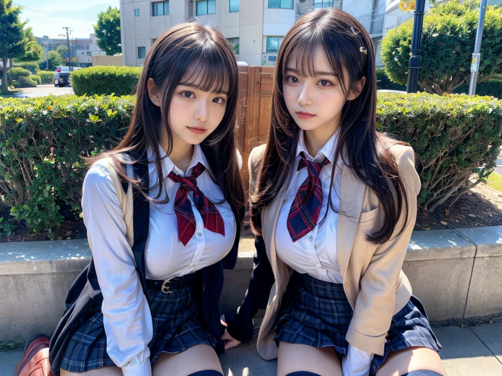 (8K, Raw photography, top-quality, masterpiece:1.2), master piece, best quality, illustration, Super detailed, fine details, High resolution, 8K,wall paper, perfect dynamic composition,(Details High quality, realistic depiction of eyes:1.3), ((2 girls, 2 schoolgirls)), The background is a luxury hotel room、High school girl uniform、blazer 、Super Short Check Uniform Skirt、Navy blue high socks、garterbelts、Colossal tits、Disturbed uniform, Play with each other,Touching each other's bodies,Touching the body of the girl next door, short bob hair, black hair color, huge breasts, Big Natural Color Lip, bold sexy pose, (perfect body shape), crying a little、cold gaze, Beautiful makeup,glitter makeup,Cutest 18 years old, beautiful legs, hposing Gravure Idol, Voluptuous thighs