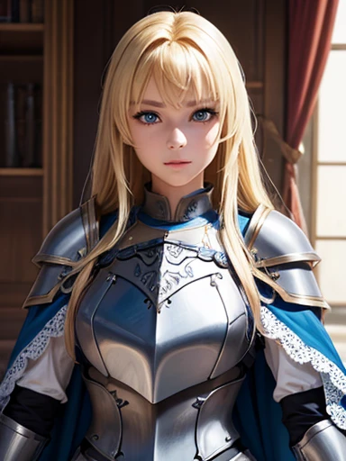 HDR, UHD, 4k, 3D (best quality), (high detail), (perfect face) a photorealistic picture of Alice from Alice in Wonderland re-imagined as a knight (wonderland ), Alice as a knight, Alice as an armored paladin, long blonde hair, cute face, pauldrons, breastplate, white lace cape, blue and steel armor, in front of a castle